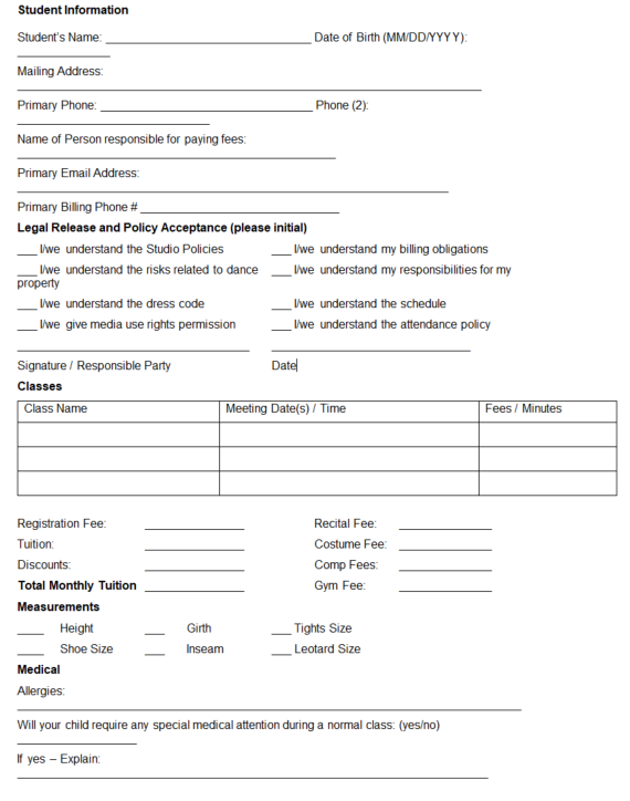 Screenshot of DanceStudio-Pro’s dance registration form template