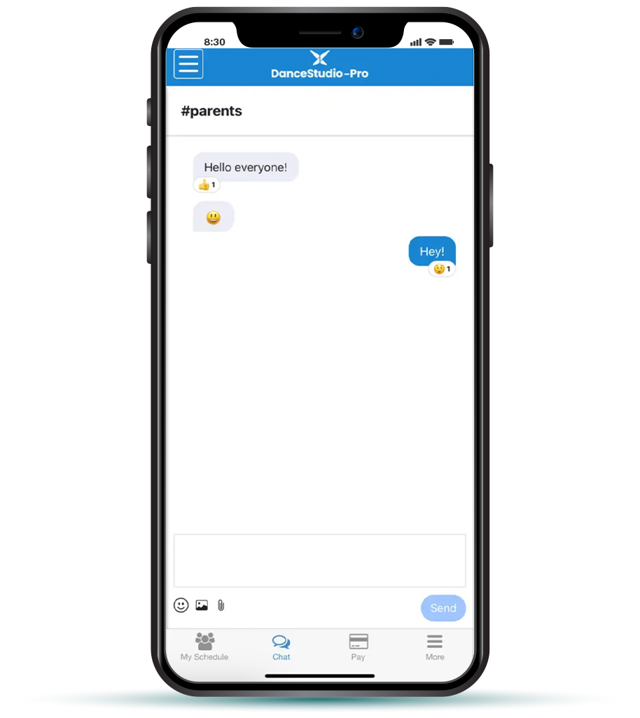 DanceStudio-Pro offers an easy way to stay connected on its dance studio apps with a streamlined chat feature. 