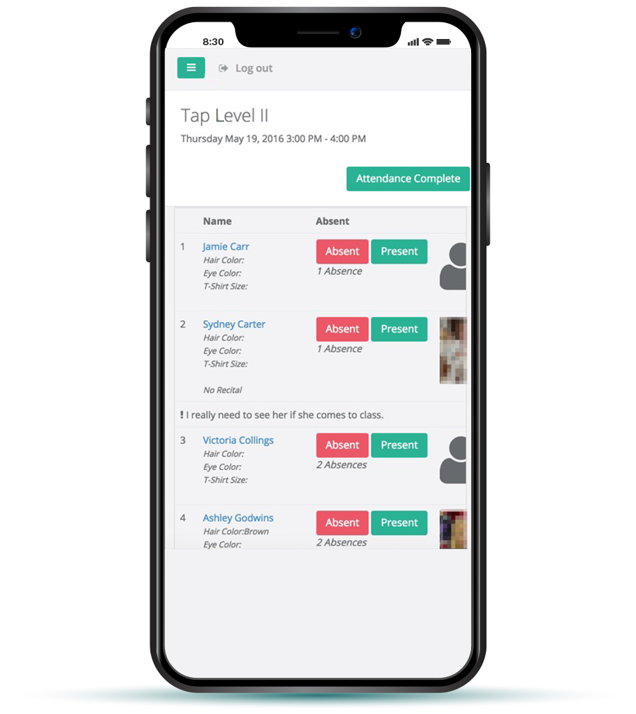 The Class Manager feature of the Studio Manager app for dance studios allows teachers to manage class notes, take attendance, and more. The Class Manager feature of the Studio Manager app for dance studios allows teachers to manage class notes, take attendance, and more.