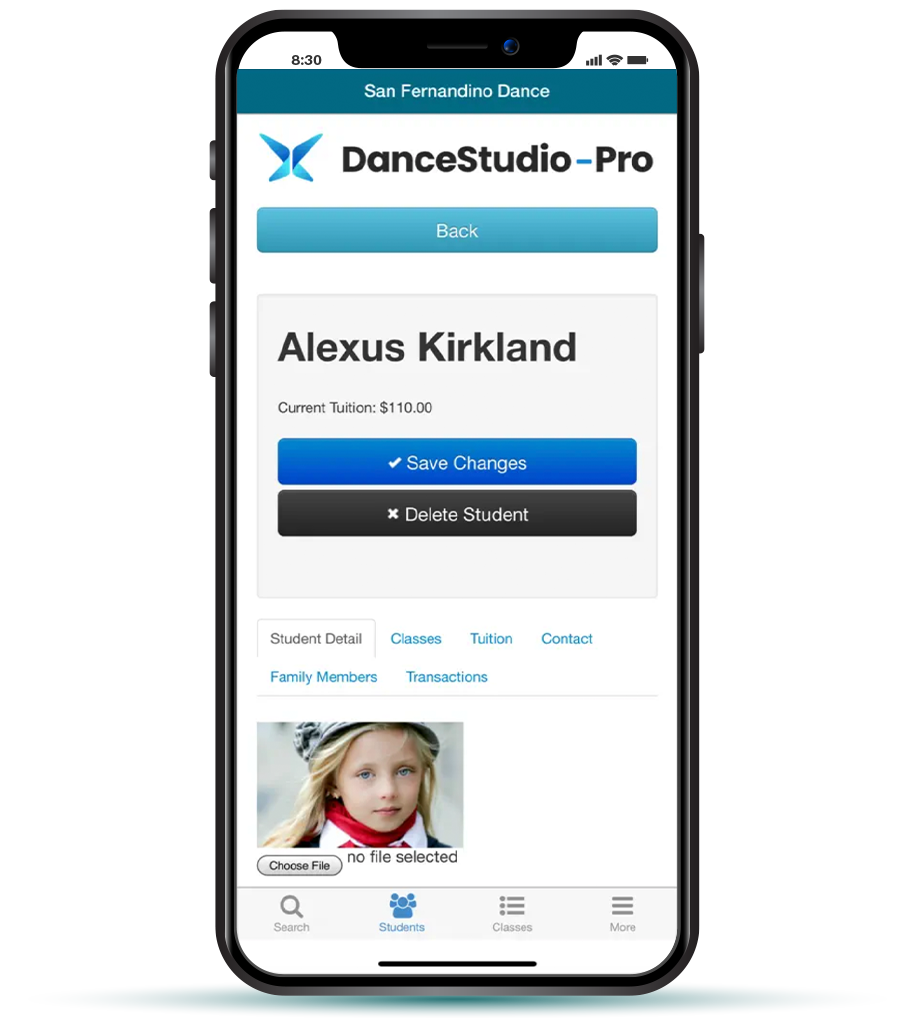 The Studio Manager dance studio app allows you to conveniently track and view tuition and payments.